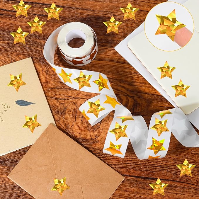500Pcs 1" Holographic Gold Star Stickers, Large Self-Adhesive Glitter Foil Reward Stickers for Kids, Ideal for Behavior Charts, Student Planners, Teacher Supplies & School Classroom Use