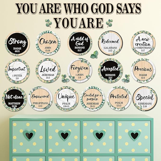 Qyeahkj Christian Bulletin Board Decoration Greenery God Says You are Religious Classroom Wall Decor Eucalyptus Motivational Quote Cutout Christmas Bulletin Board Set for Sunday School Home Church