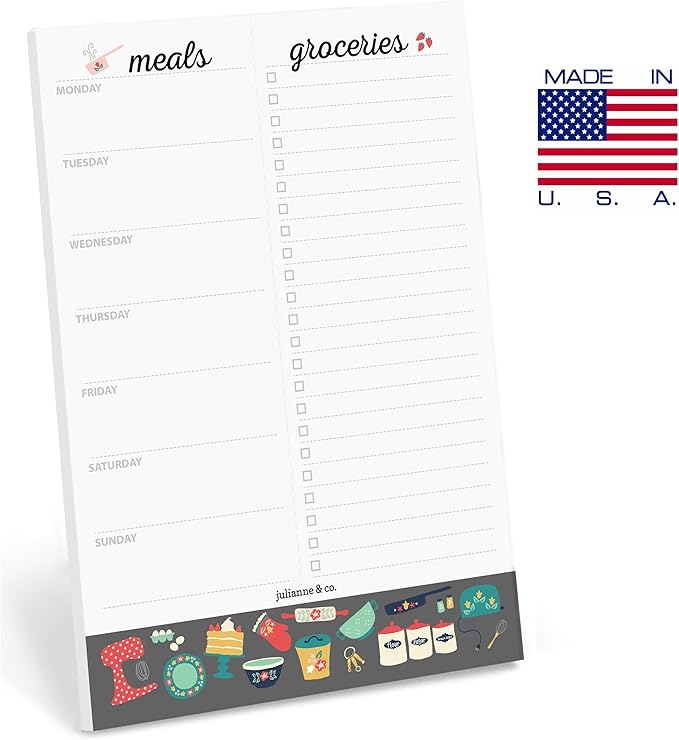 Weekly Magnetic Meal Planner Notepad By Julianne & Co - Food Planning Grocery List Pad, Premium A5 Pages Lasts 1 Ful Year with Tear Away Perforated Shopping List (Kitchen Print WITH Fridge Magnet)