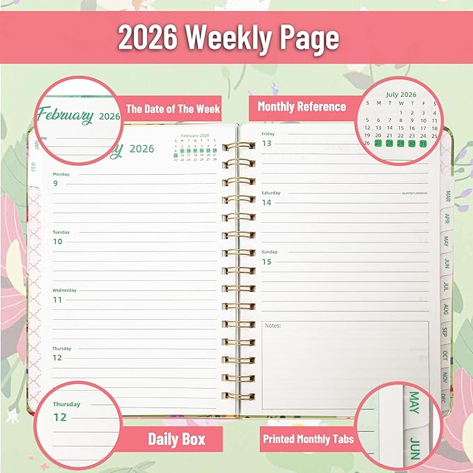 2026 Planner, Weekly and Monthly Calendar Planner for Women, Jan 2026 - Dec 2026, Hardcover Planning Agenda book, Spiral Bound, Inner Pocket, 6.3" x 8.5"