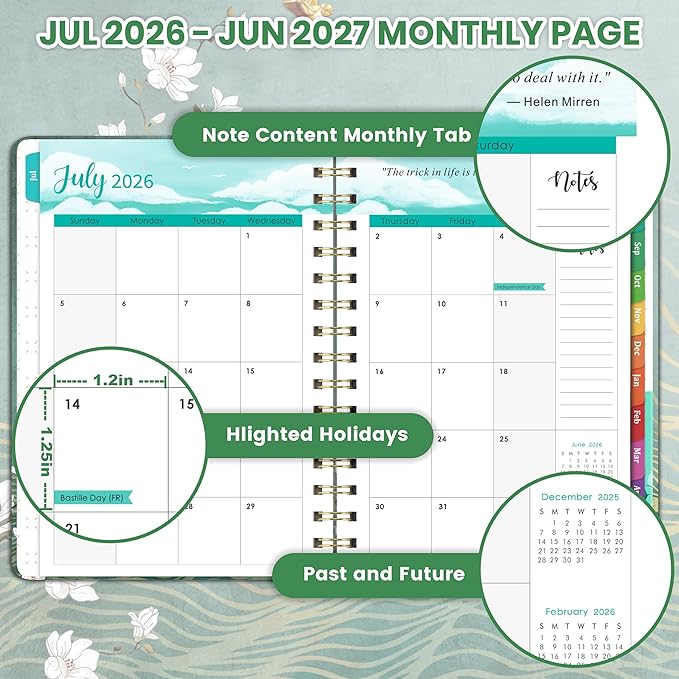 Planner 2026-2027 - JUL. 2026 - JUN. 2027, 2026-2027 Planner Weekly and Monthly, 26-27 Academic Planner, Weekly and Monthly Planner with Colorful Tabs, Premium Paper, Twin-wire Binding - Hardcover (6.4" x 8.5", Green, Back Pocket)