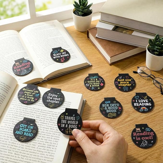 AmazingSpark 50 Pcs Magnetic Reading Bookmarks Bulk Chalk Drawing Magnet Awards for Book Lover Motivational Book Marker Clips for Students Teacher Office Classroom Incentives