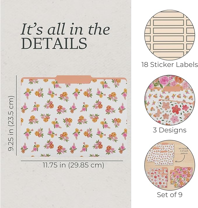 Steel Mill & Co Cute File Folders, Set of 9, Document Organizer for Filing Cabinet, Decorative Letter Size Files, Full Posey/Scattered Posey/Bold Floral