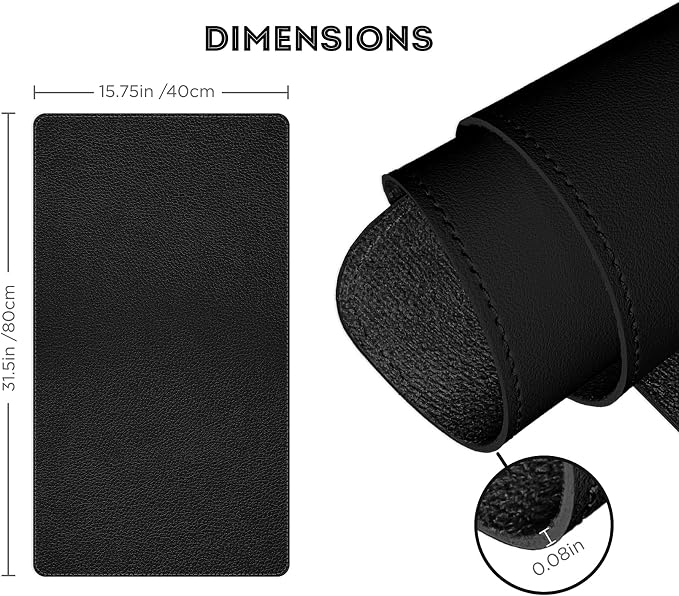 FTC PU Leather Desk Pad & Desk Blotter, Non-Slip Flannelette Base, Stitched Desk Mat for Keyboard, Mouse & Writing, Home or Office (Black, 31.5” x 15.75”)