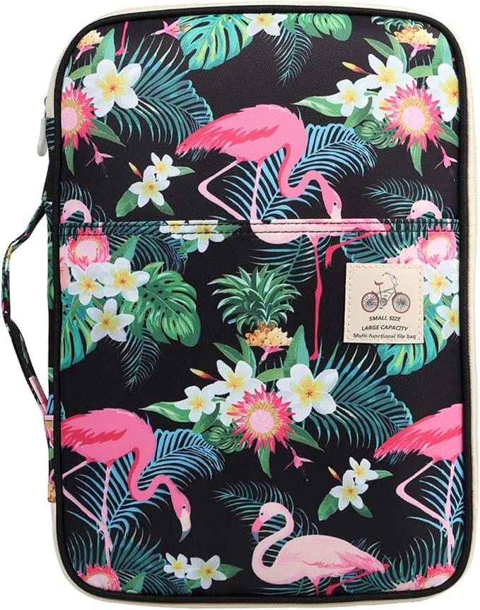 JAKAGO A4 Travel Portfolio Multifunctional Document Organizer Zippered Case for Office Supplies (Flamingo)