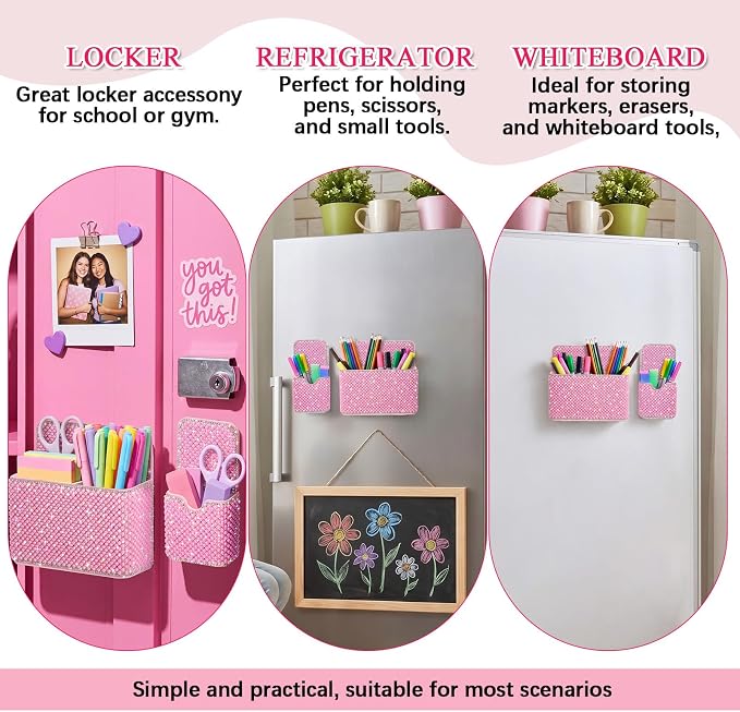 MotiMind 2 Pcs Pink Bling Magnetic Marker Holder Women Girl Locker Accessories Marker Pen Pencil Holder for Refrigerator Whiteboard Sparkly Gift Desk Organizer for School Office (Pearl)