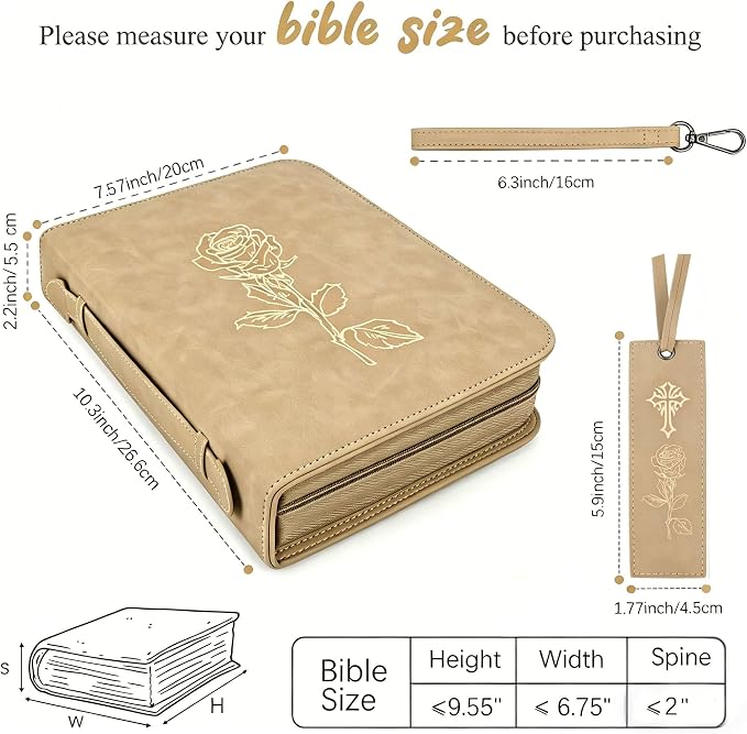 Leather Bible Cover for Woman & Men, Women’s Bible Case with Rose Bookmark Supplies-Girls Carrying Bag Tote with Strap, Personal Size Book Organizer for Journaling Bible-Khaki