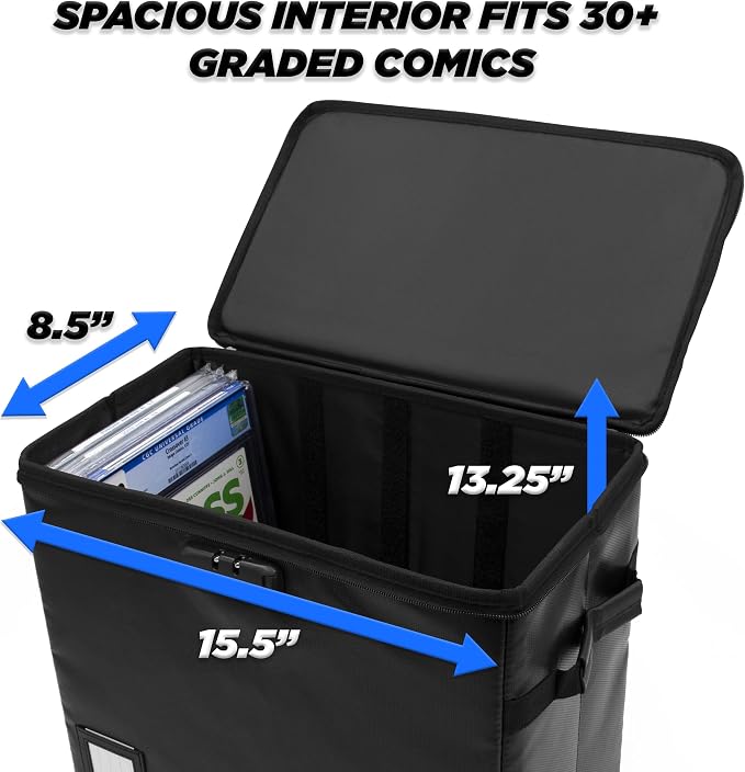 CASEMATIX Graded Comic Book Storage Fits 30 CGC Graded Comics, Hard Shell Fire Resistant Comic Bin with Three Internal Comic Book Box Dividers, Includes Zipper Lock