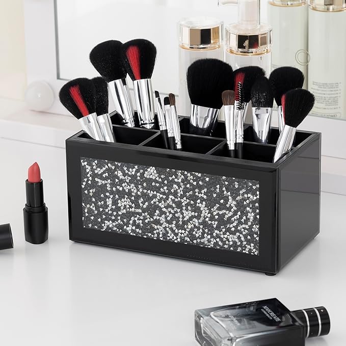 SHYFOY Glass Remote Control Holder with 6 Compartments TV Remote Caddy Storage Box,Desktop Organizer Store Controller,Glasses,Brush,Media Player,Pen,Space Saver for Bedside Table/Office Desk(Black)