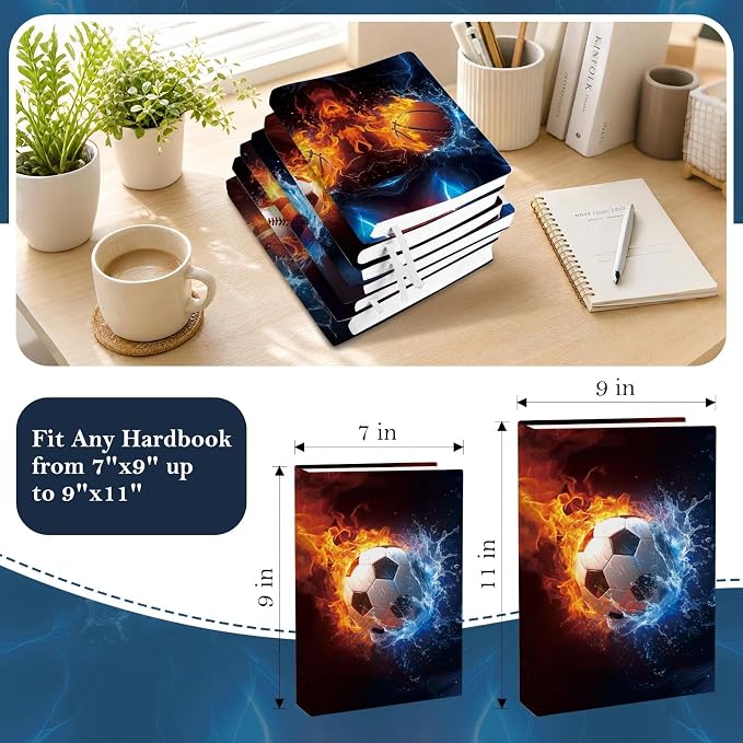 6 Pack Stretchable Book Covers, Jumbo Book Covers for Paperbacks Hardcover Books up to 9 x 11 Inches, Reusable Washable Protective Fabric Books Sleeves, Ball Games