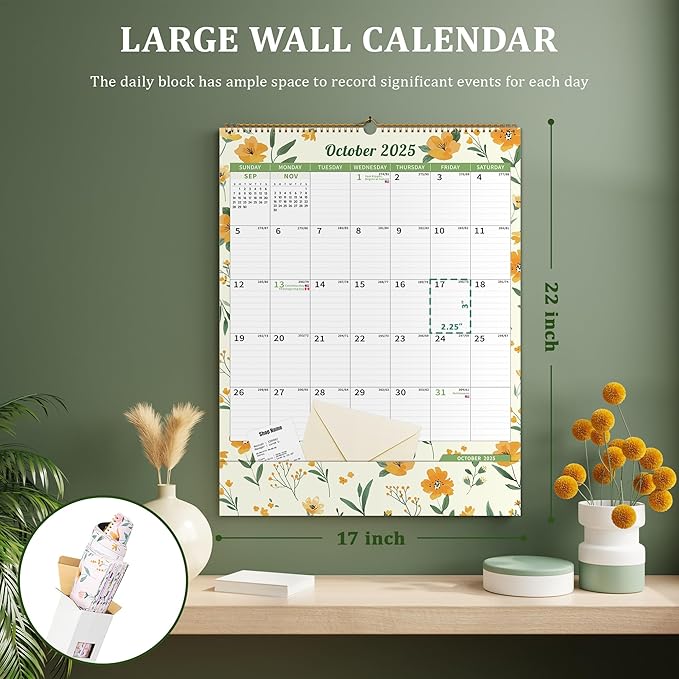 Ospelelf Wall Calendar 2025-2026 Monthly Large Pad Planner with Storage Pocket Protective Cover and Sticker for Family Fridge Office Teacher Student 17" X 22" Ditsy Floral