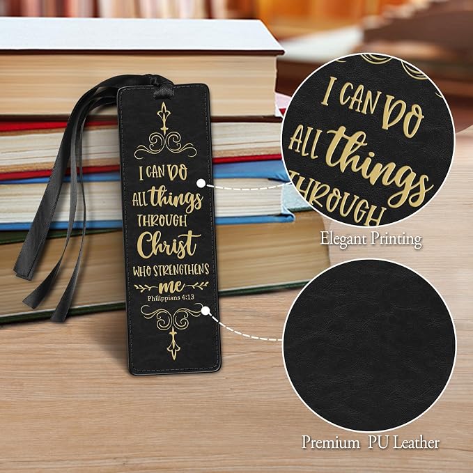 FINPAC Leather Bible Bookmarks, Vegan Religious Bookmarks, Bible Verse Book Markers Church Gifts for Women Men [Trust in The Lord with All Your Heart] - Gilded Black