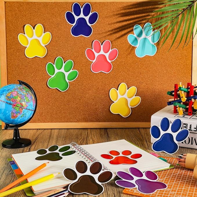 Junkin 60 Pcs Mini Paw Prints Cutouts Accents Bulletin Board Patrol Table Decorations Wall Decal Poster for Kids Educational School Home Party Supplies(Colorful)