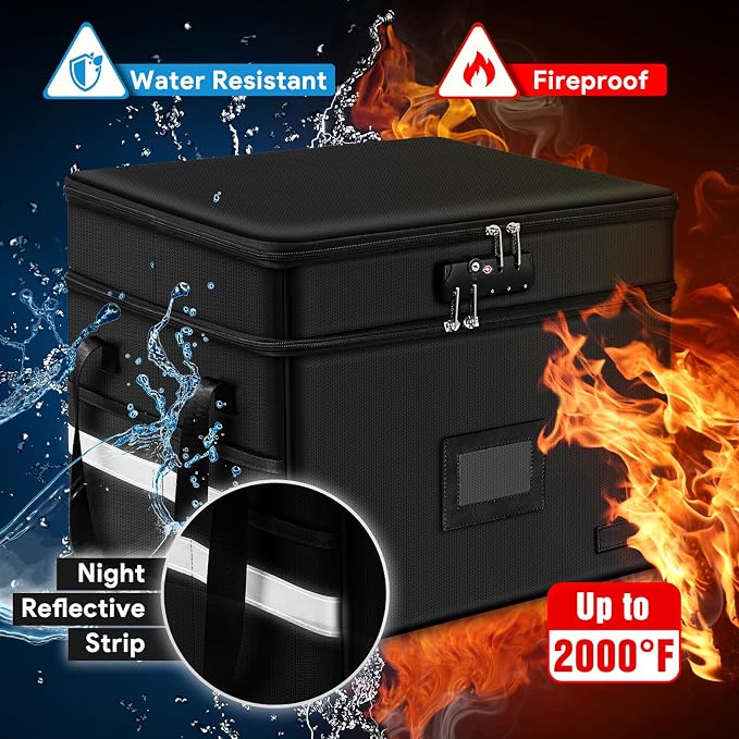 ETRONIK Fireproof File Organizer with Lock, 2 Layer Fireproof Document Box with 5 Tab Inserts, Portable Office File Cabinet Collapsible File Storage for Hanging Letter, Legal Size Folder