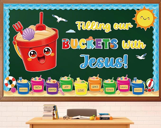 Summer Jesus Bulletin Board Decorations Set Summer Bucket Classroom Decor Filling Our Buckets with Jesus Sun Beach Christian Cutouts for School Classroom Home wall Chalkboard Supplies