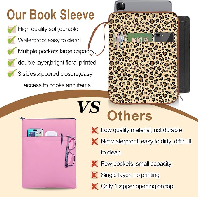 Leopard Book Sleeves with Zipper, Travel Book Protector Pouch for Paperbacks & Hardcover & Bible Books, Book Covers Bags with Pockets & Handle Strap, Book Carry Case for Book Lovers Mother's Day Gifts