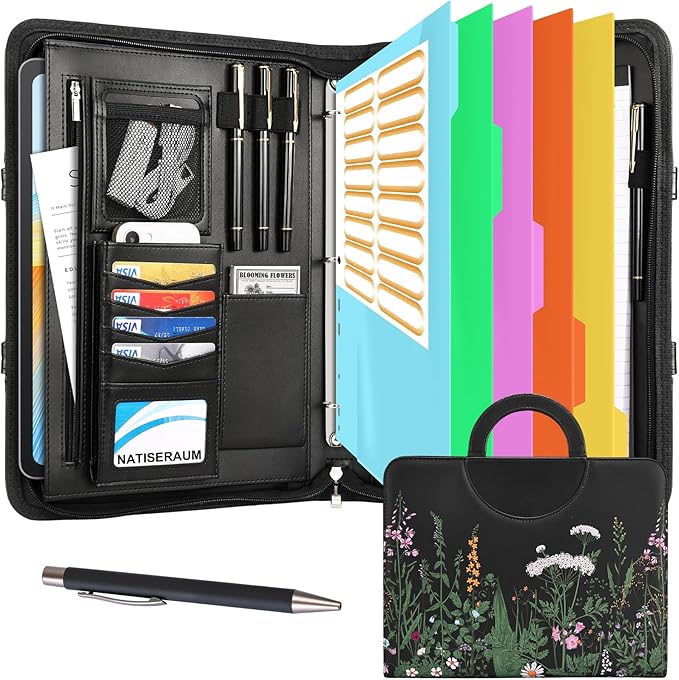 Portfolio Binder 3 Ring Includes Pen and 5 Dividers with 10 Pockets, Padfolio Organizer with Zipper for Men and Women, Includes A4 Notepad for Business, School, Work