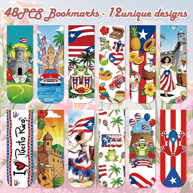 Wxiben Puerto Rico Magnetic Bookmarks - 48 Pcs Puerto Rican Travel Souvenirs Gifts Bookmark Flags Flower Frog Magnets Book Marks Page Clip Favors for Patriotic Latin American Spanish Party Supplies