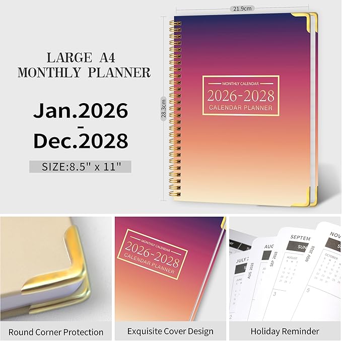 Monthly Planner 2026-2028, 2026 Calendar 36 Months Planner, Jan. 2026 - Dec. 2028, 8.5" x 11",Hard PVC Cover with Spiral Bound, Perfect for School & Office for Women & Men - Gradient Purple