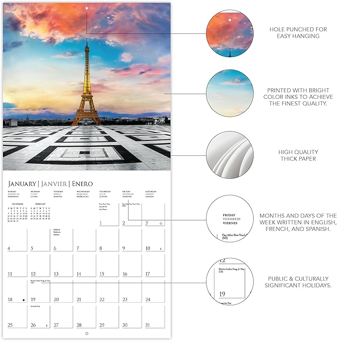 Graphique 2026 Paris Glitz Wall Calendar | 12” x 12” | Thick Paper | Home & Office Organizer | Large Monthly Grid | 3 Languages & Marked Holidays | 4 Month Preview Page for 2027
