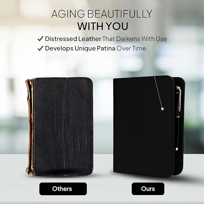 A5 Leather Journal Cover for 5.75" x 8.25" Notebook Refill – Genuine Leather Refillable Notebook Cover with Card Slots & Pen Holder, Personal Organizer for Men & Women, Travel Diary (Black)