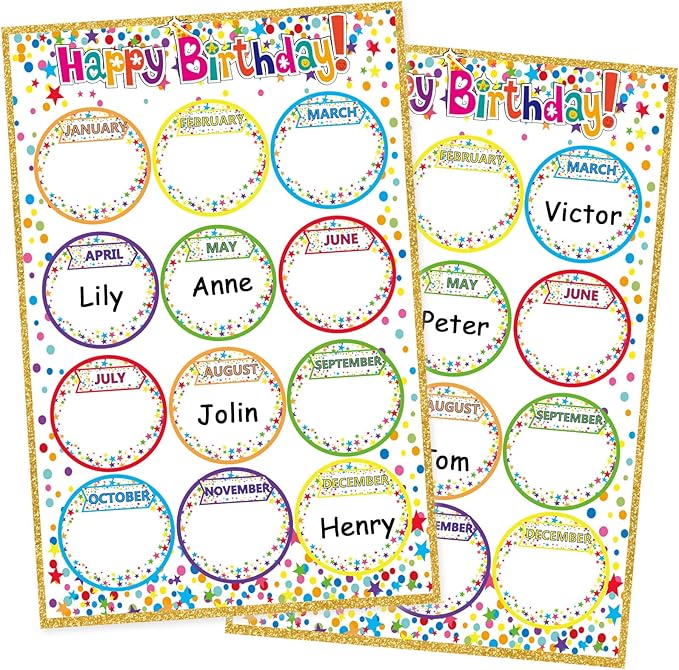 Wiooffen Happy Birthday Chart for Classroom, 2Pcs Birthday Poster Decoration 17’’ x 12’’ Colorful Dots Birthday Cake Calendar Cutouts for School Bulletin Board, Chalkboards, Wall Decor