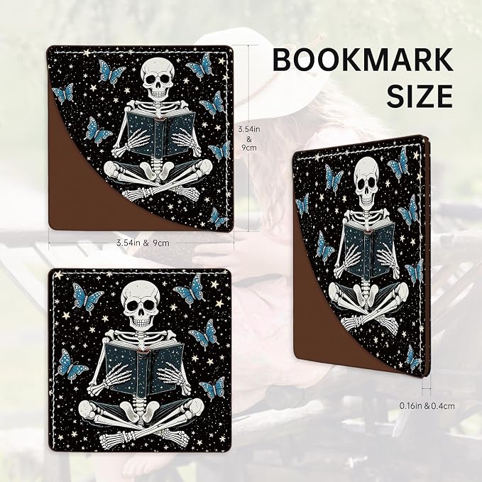 2 Pack Skeleton Reading Leather Book Corner Bookmark, Durable Handmade Reading Accessories - Gifts for Readers, Women, Men, Teachers, Students