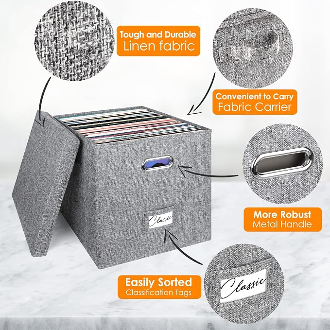 Vinyl Record Storage Box for 50+ Single LPs (12-Inch), Stackable Albums Linen Crate with Lid, Collapsible Play Music Collection Holder, Document File Folder Cabinet Organizer Case with Handle