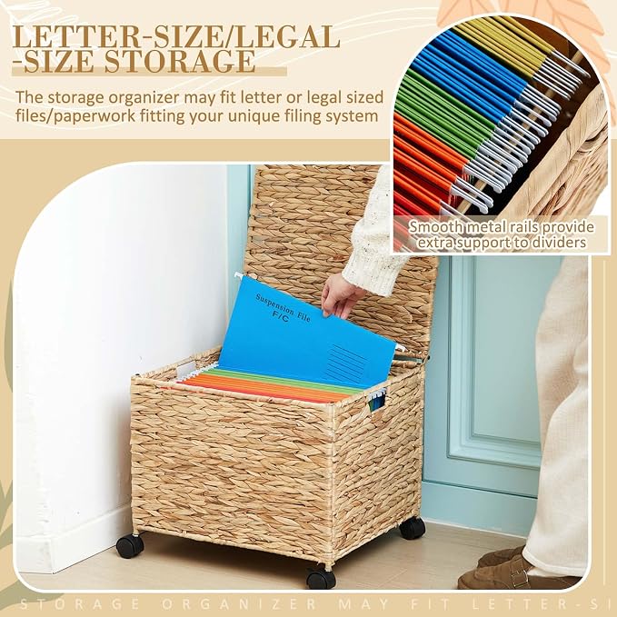 Jingmore Rolling File Box Organizers, Water Hyacinth Letter/Legal Size File Organizer with Lid and Locking Wheels, Collapsible Hand Woven Hanging Filing Cabinet Box for Office/Home Decor, Natural