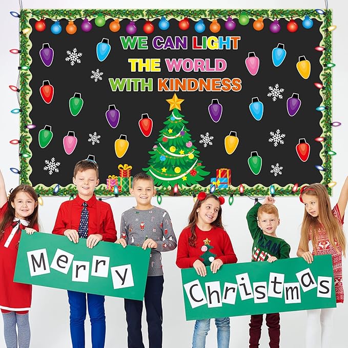 Christmas Tree Snowflake Paper Cutouts with Light Bulb Cutouts Set for Holiday Winter Wall Chalkboard Decor