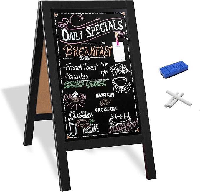 Ilyapa Wooden A-Frame Chalkboard Sign with Eraser, 40 x 20 Inch Magnetic Sidewalk Menu Board, Black Menu Display for Restaurant, Business, or Weddings