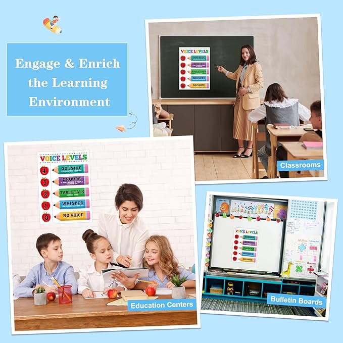 D24TIME Voice Level Chart for Classroom - 11.2''x 16.5'' Colorful Pencils Classroom Rules Posters Noise Levels Educational Poster for Classrooms Elementary Decor Back to School Teachers Must Haves Supplies
