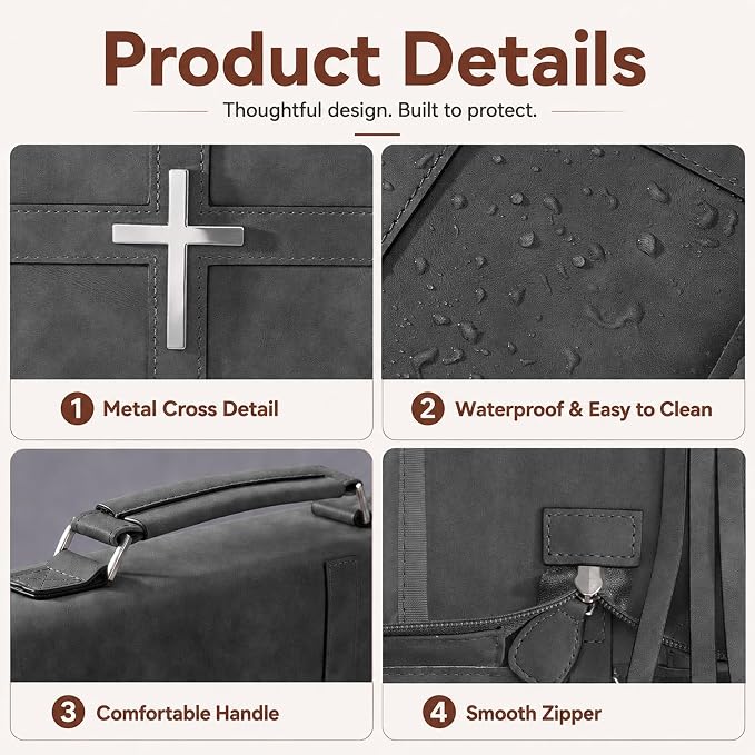 Bible Cover for Men and Women, PU Leather Large Bible Bag with Handle & Shoulder Strap, Bible Carrying Case with Cross Design and Pockets for Church, Bible Study & Christian Gifts, Black