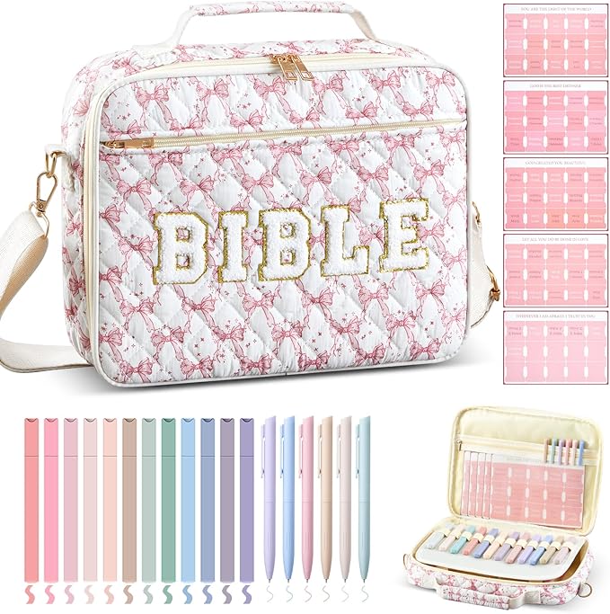Sinload Quilted Bible Cover Case for Women 12 x 9 x 2.5 Inch Bible Chenille Letter Bag with Shoulder Strap Carrying Tabs 6 Colored Pens 12 Highlighters Christian Church Study Gifts(Dark Pink,Bow)