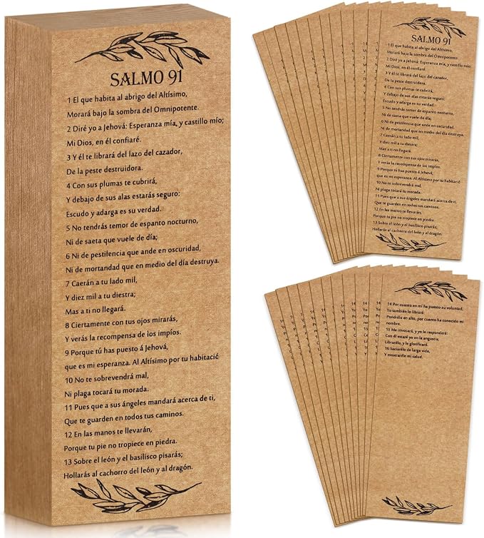 Skyygemm 100 Pcs Psalm 91 Bookmarks Bulk Clergy Appreciation Gift Christian Bible Scripture Kraft Paper Prayer Card Religious Verse Inspirational Sunday School Teacher Gift for Church Pastor (Spanish)