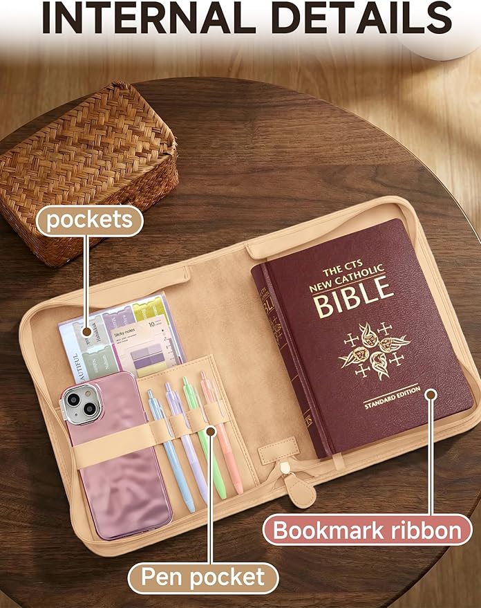 Bible Cover Case for Women, Large Bible Bag with PU Leather Hot Foil Stamping Cross Design, Journaling Kit, Bible Study Supplies Accessories, Christian Gifts for Girls & Women (Beige)