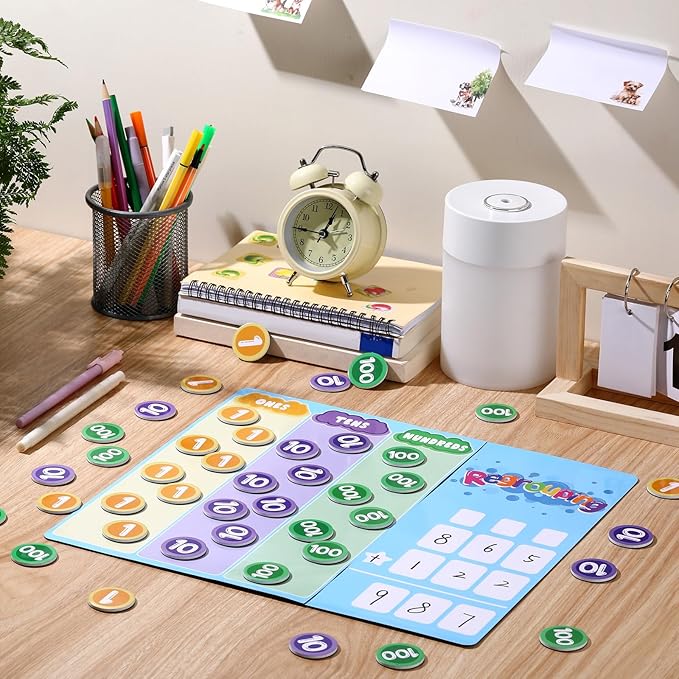 240 Pcs Magnetic Place Value Chart Kit, Math Place Value Manipulatives Regrouping Base Ten Blocks Dry Erase Board for 1st 2nd 3rd Grade Student Classroom Must Haves
