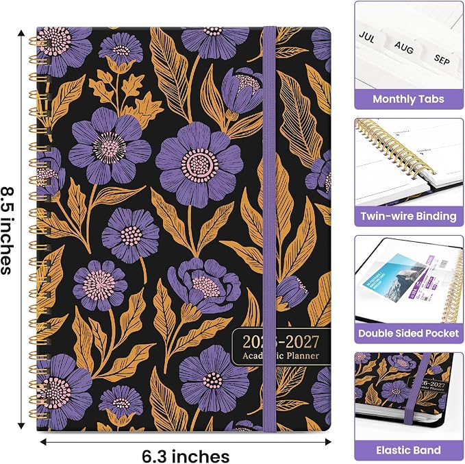 Planner 2026–2027, Weekly & Monthly Academic Organizer for School Year, Jul 2026–Jun 2027, Hardcover Planner with Tabs, Back to School Essential, 6.3" x 8.5", Nocturne Blooms