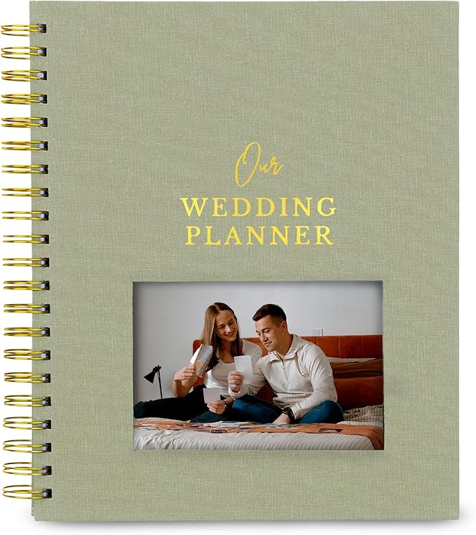 Timeless Premium Linen Wedding Planner Book and Organizer – Wedding Planning Book, Comprehensive Keepsake & Countdown Binder, Perfect Engagement Gift for Women, Customizable Front Photo Window Sage)