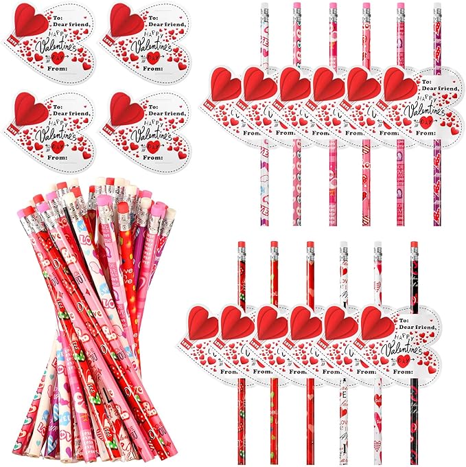 ReliThick 50 Pcs Valentines Pencils Cross Through Heart Shaped Valentines Day Gift Cards Heart Wood Pencils with Eraser Top for Carnival Prize Classroom Exchange Party Favor Party Bag Filler