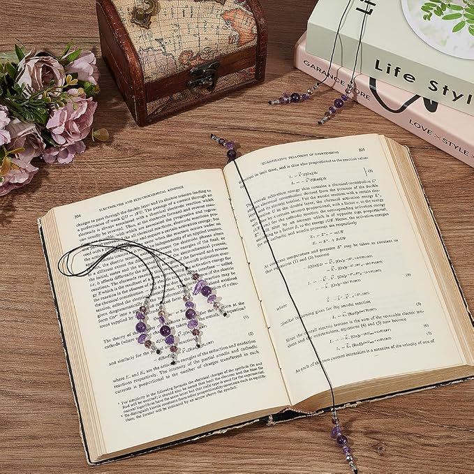 FINGERINSPIRE 2 Pcs Amethyst Beaded Bookmark 11.8inch Long Natural Amethyst Beads Bookmarks Dark Orchid Glass Beads Bookmark with Amethysts for Office Reader Book Bookworms Teachers or Journal Tracker