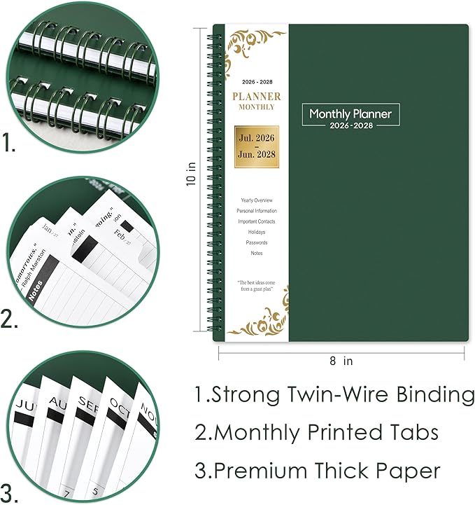 2026-2028 Monthly Planner - 2-Year Monthly Planner from Jul 2026 to Jun 2028, 8.5'' x 11'', 2026-2028 Planners, Inner Pocket, 24 Tabs - Army Green