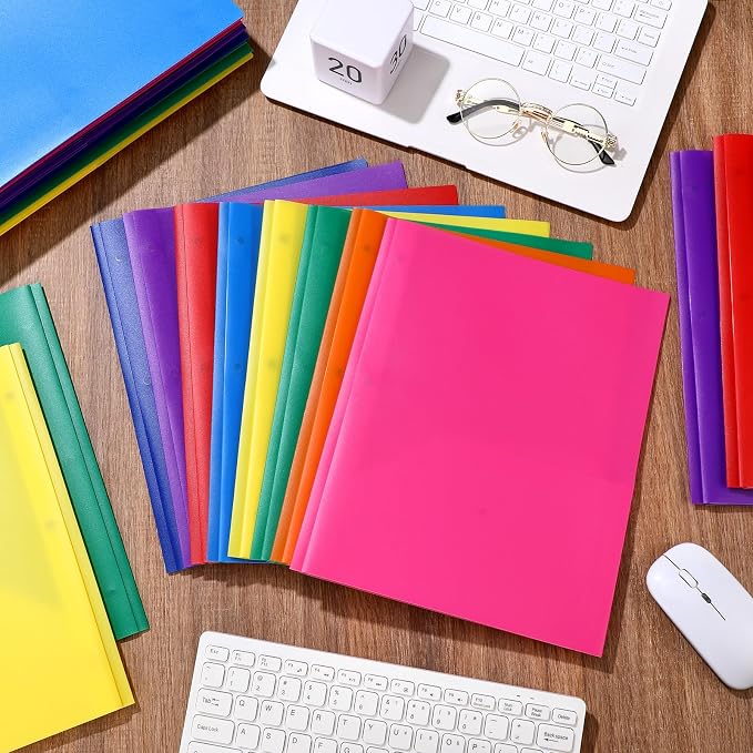Cholemy 168 Packs Pocket Folders with Prongs Heavy Duty Plastic Folder with Business Card Slot 3 Prong Fasteners for School Office (Cute)
