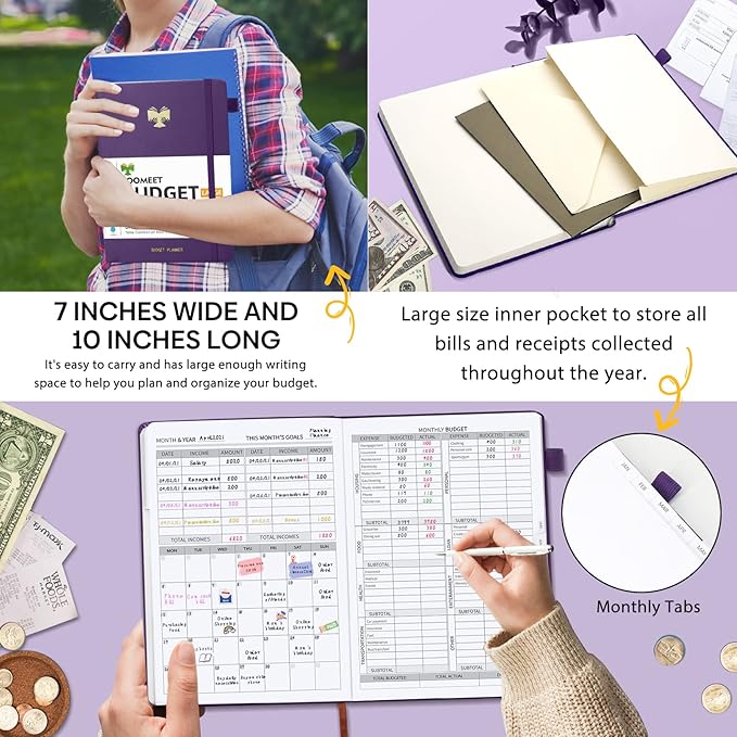 Budget Planner with Monthly Tabs - 7" x 10" Hardcover Budget Book, Monthly Bill Organizer with Pockets, Undated Finance Planner with Expense Tracker Notebook to Take Control Your Money-Purple