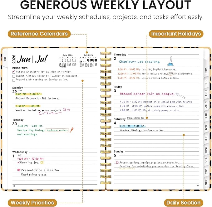 22026–2027 School Year Planner, Weekly and Monthly Academic Agenda, Jul 2026–Jun 2027, Hard Cover Planner with Tabs, 8.5 x 11 Inches, Back to School Office Essential - Leopard