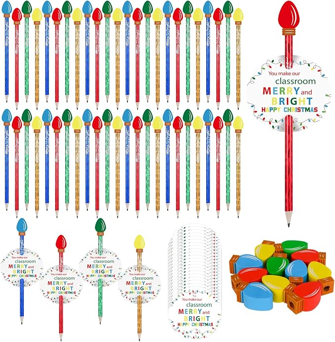 48 Sets Light Bulb Eraser Cute Mini Light Bulb Pencil Erasers with Merry Bright Cards Bag Multicolor Tiny Erasers for Back to School Party Gifts Rewards