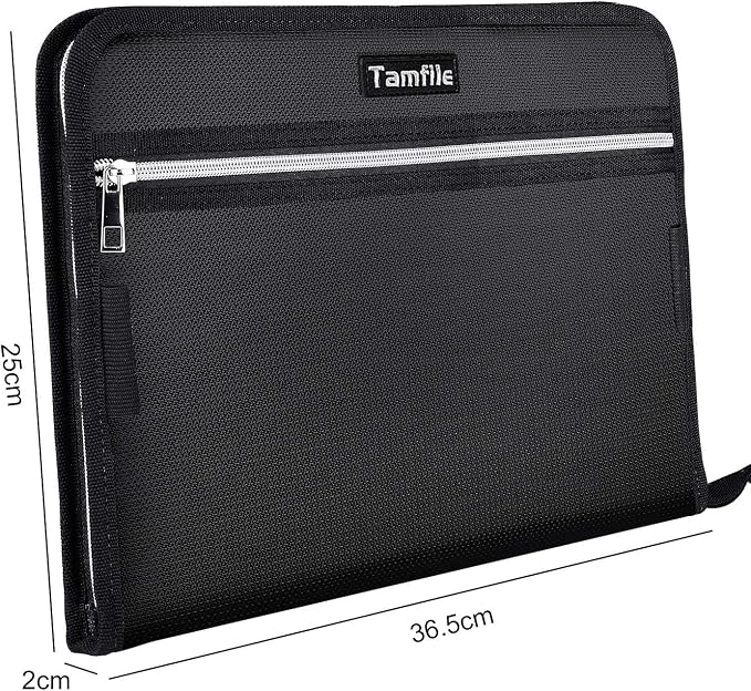Fireproof Safe Waterproof Accordion File Bag Folder Expanding Filing Folder with 14 Multicolored Pockets, A4 Letter Size, Document Organizer Holder and Color Labels /2 Zipper (Black 14.3" x 9.8")