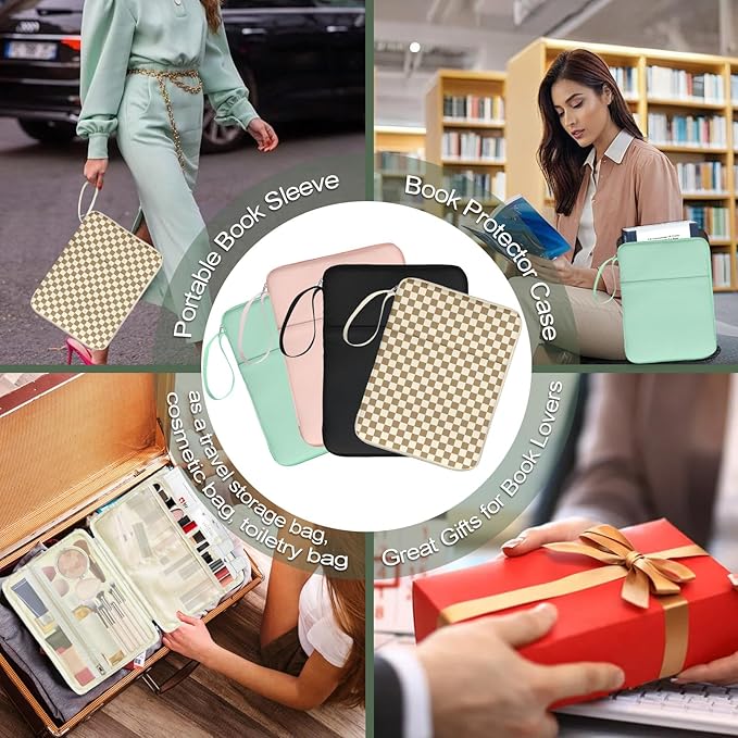Plaid Book Sleeve Pouch For Women, Paperback Book Protector Case with Zipper, PU Leather Waterproof Book Pouch, Printed Book Carrying Case for Book Lovers Hardcover Girl Brown