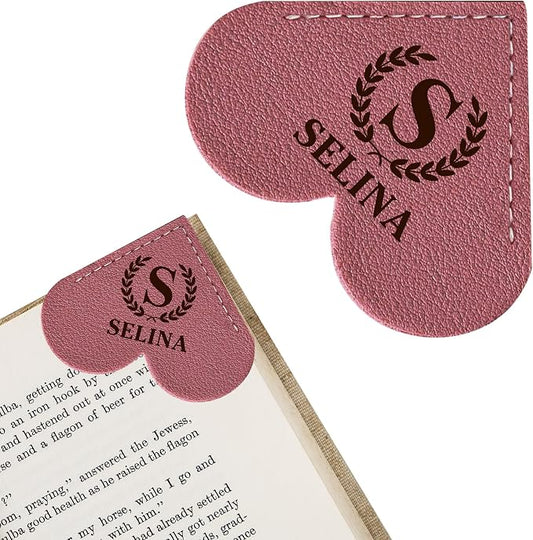 EDSG Personalized Leather Heart Bookmark, Corner Bookmark Book Marks Clip with Birth Flower & Name, Bookmarks for Women Men, Reading, Teachers, Birthday, Graduation Christmas(Deep Pink-Heart)
