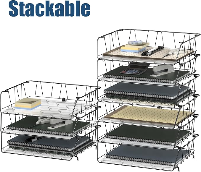 Simple Houseware Stackable Wide Entry Desk File Document Letter Tray with Liner, Wire Grid, 3 Packs, Black